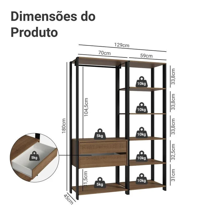 Guarda-roupa Closet Modulado Valencia 2 Gavetas 129cm Rustic