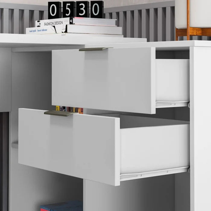 Mesa em L para Escritório com 2 Gavetas e 3 Nichos Grandes