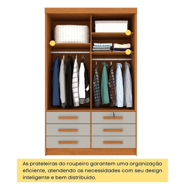 Guarda-Roupa Solteiro 2 Portas de Correr 6 Gavetas MDP Cinamomo Off White Chicago