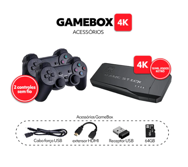 GameBox 4K® 10.000 Jogos Retrô [2 Controles sem Fio]